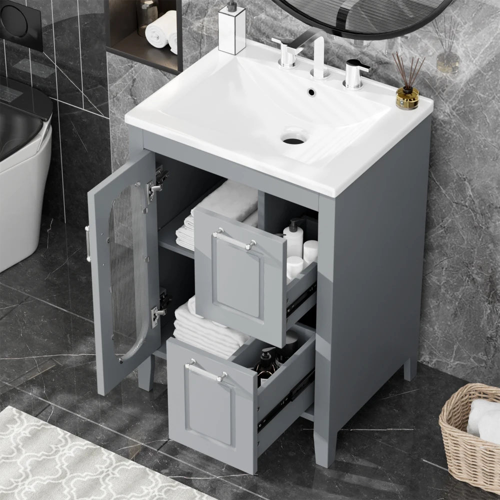 24" Bathroom Vanity with Sink, Bathroom Vanity Cabinet with Two Drawers and Door, Adjustable Shelf, Solid Wood and MDF, White