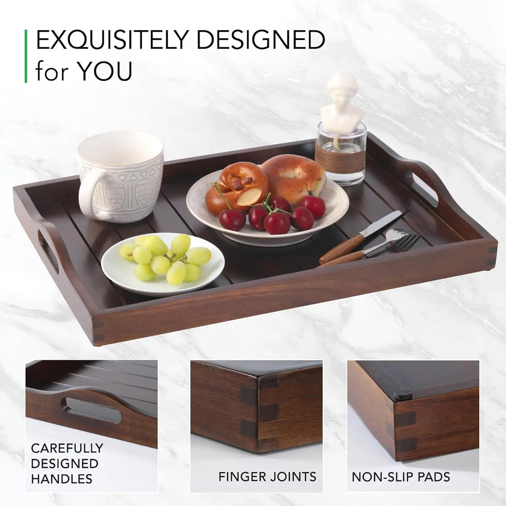 Extra Large Acacia Wood Serving Tray with Handles 20x14 Inch for Living Room Kitchen Coffee Table Ottoman Decor