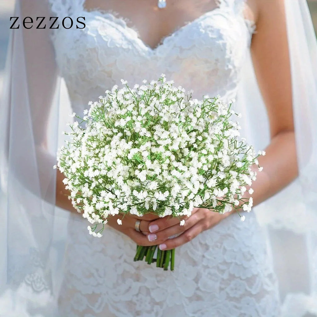 Zezzos 100 Pcs Baby's Breath Artificial Flowers, Fake Baby's Breath Flowers Artificial Bulk White Gypsophila Bouquets Real Touch