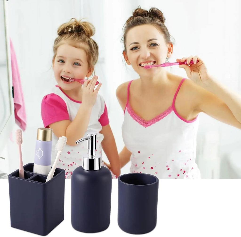 6-Piece Navy Blue Bathroom Set with Toothbrush Holder, Soap Dispenser, Vanity Tray, and More - Countertop Organizer