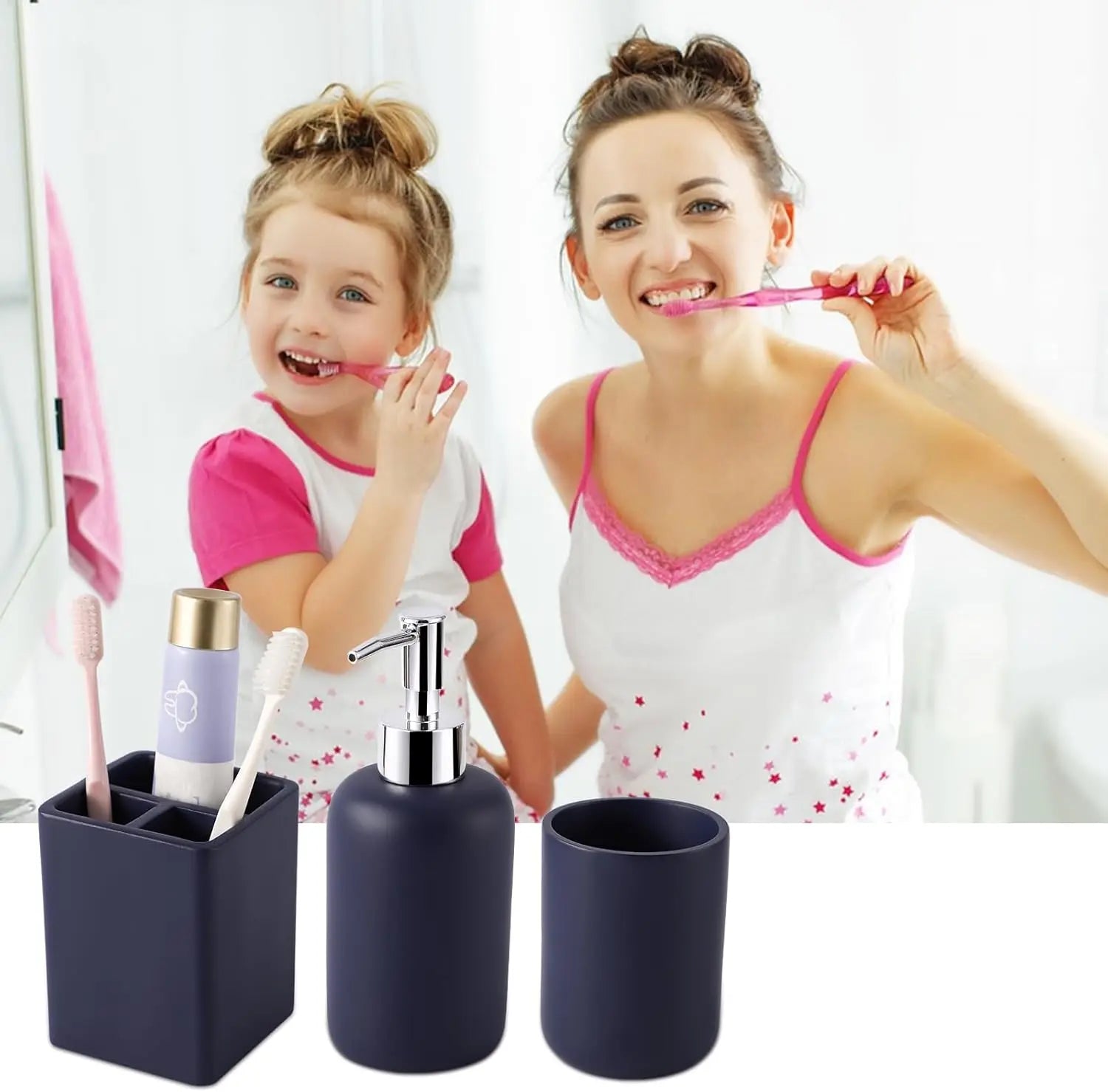 6-Piece Navy Blue Bathroom Set with Toothbrush Holder, Soap Dispenser, Vanity Tray, and More - Countertop Organizer