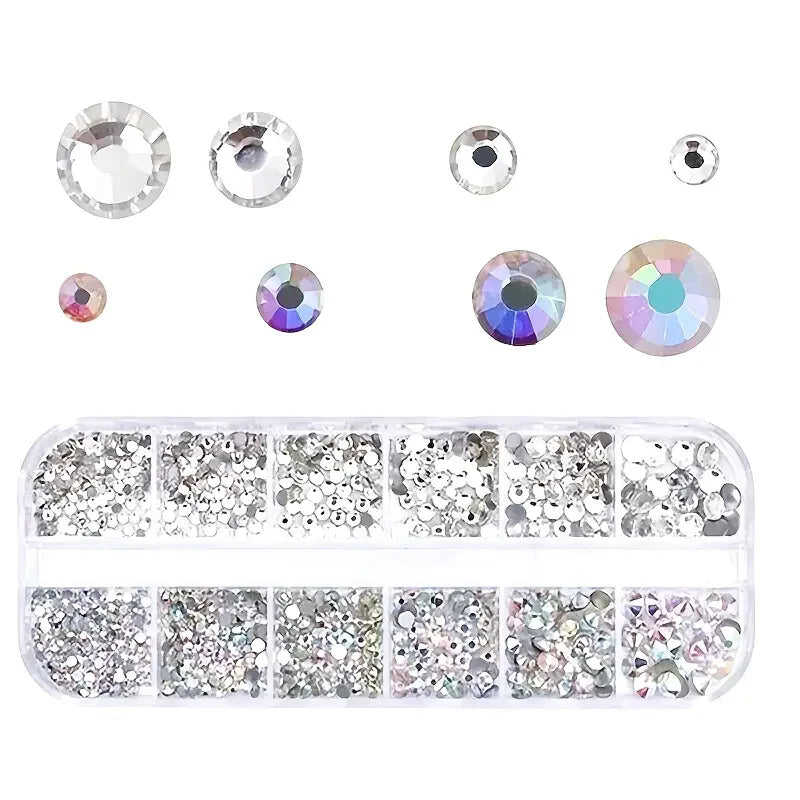 Boxed 3D Flat Back Nail Rhinestones Nail Gems Glass AB & Clear Crystal Rhinestones Kit Nail Art Charms DIY Manicure Accessories