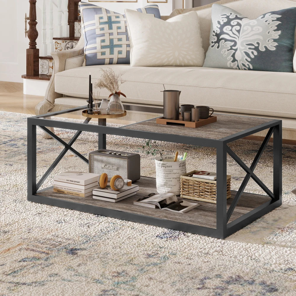 Modern coffee table for Bedroom & Living Room, Tempered Glass&Rustic Wood Grain MDF, Industrial Style coffee table