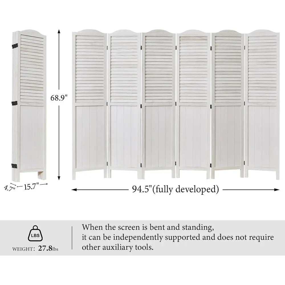68.9 White-Washed Wooden Louver & MDF Dividers, 6-Panel Home Office/Bedroom Partitions