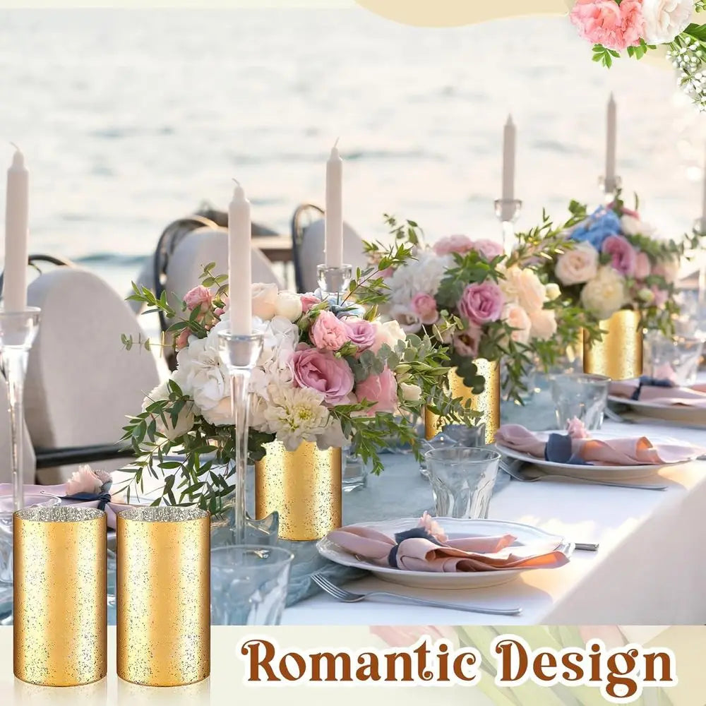 6 Gold Cylinder Vases Set of 20 - Mercury Glass Style for Centerpiece, Candle Holders, Home & Wedding Decor