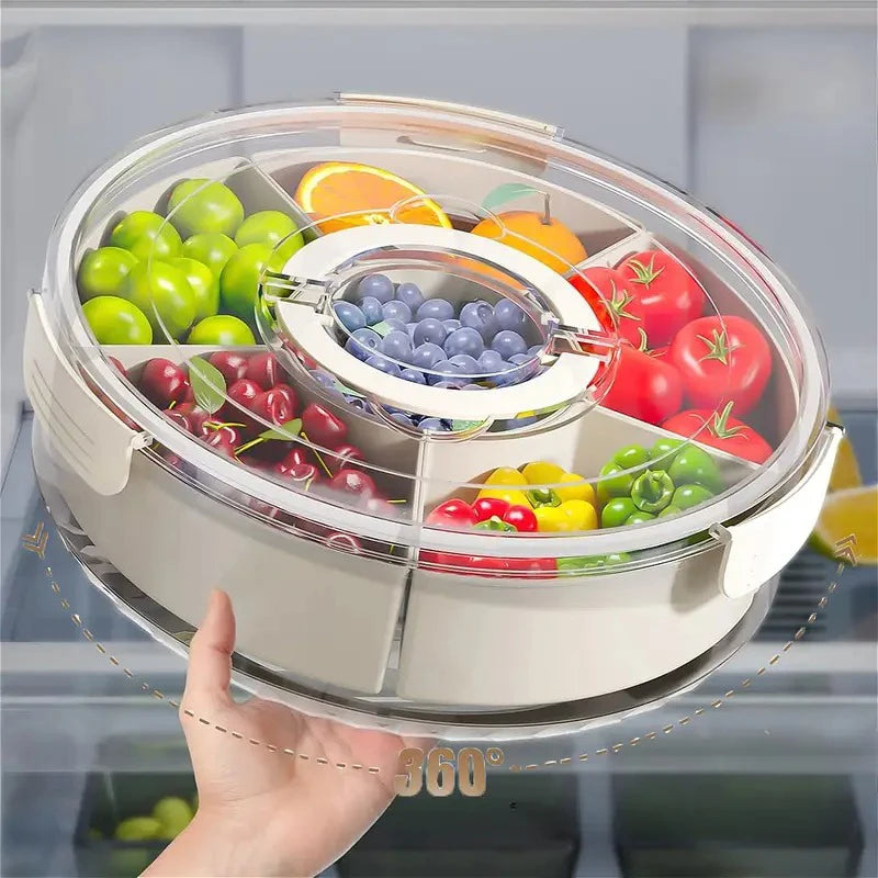 Fruit Tray Six Grids Multi Compartment Round Snack Box with Lid Handle for Home Organization Clear Divided Rotating Serving Tray