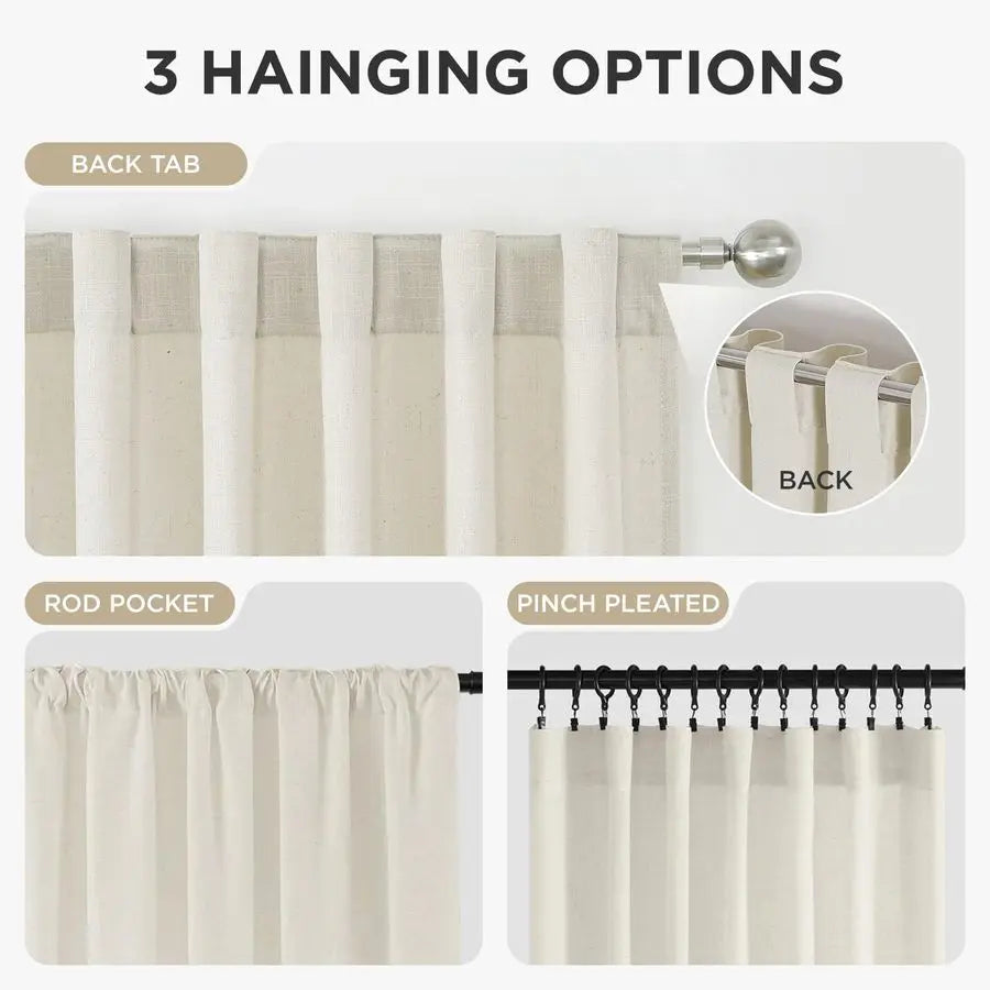 Linen Curtains 96 inch Length 2 Panel Set, Light Filtering Curtain for Living Room Bedroom, 52 inch Wide Drapes with Rod Pocket