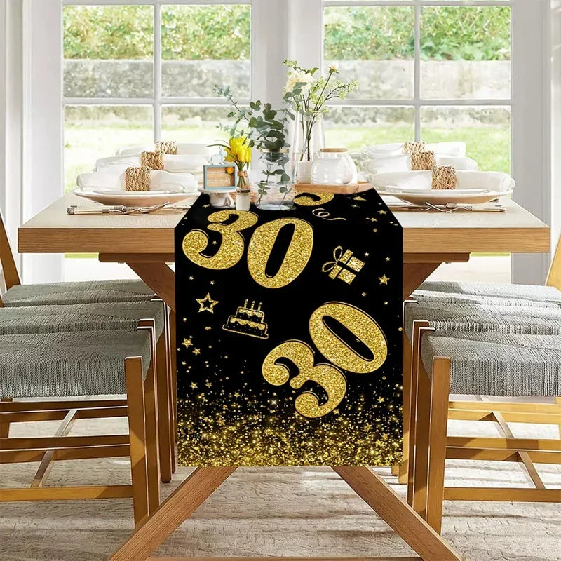 18 30 40 50 Year Old Black Gold Table Runner Happy Birthday Party Decoration Adult 30th 40th 50th 60t Birthday Tablecloth Banner