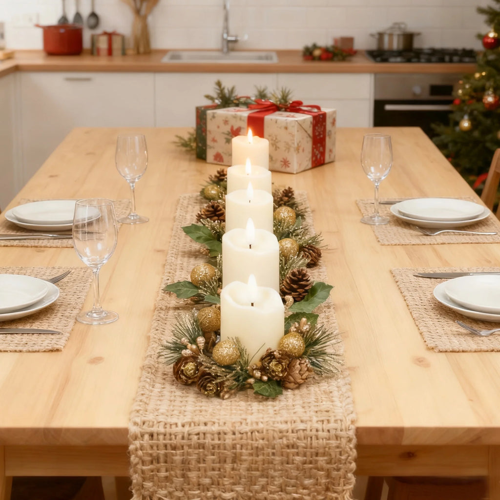 6-Pack LED Candles with Golden Berries & Pinecones Christmas Candle Rings for Table Front Door Cabinet Window in Glass Cup