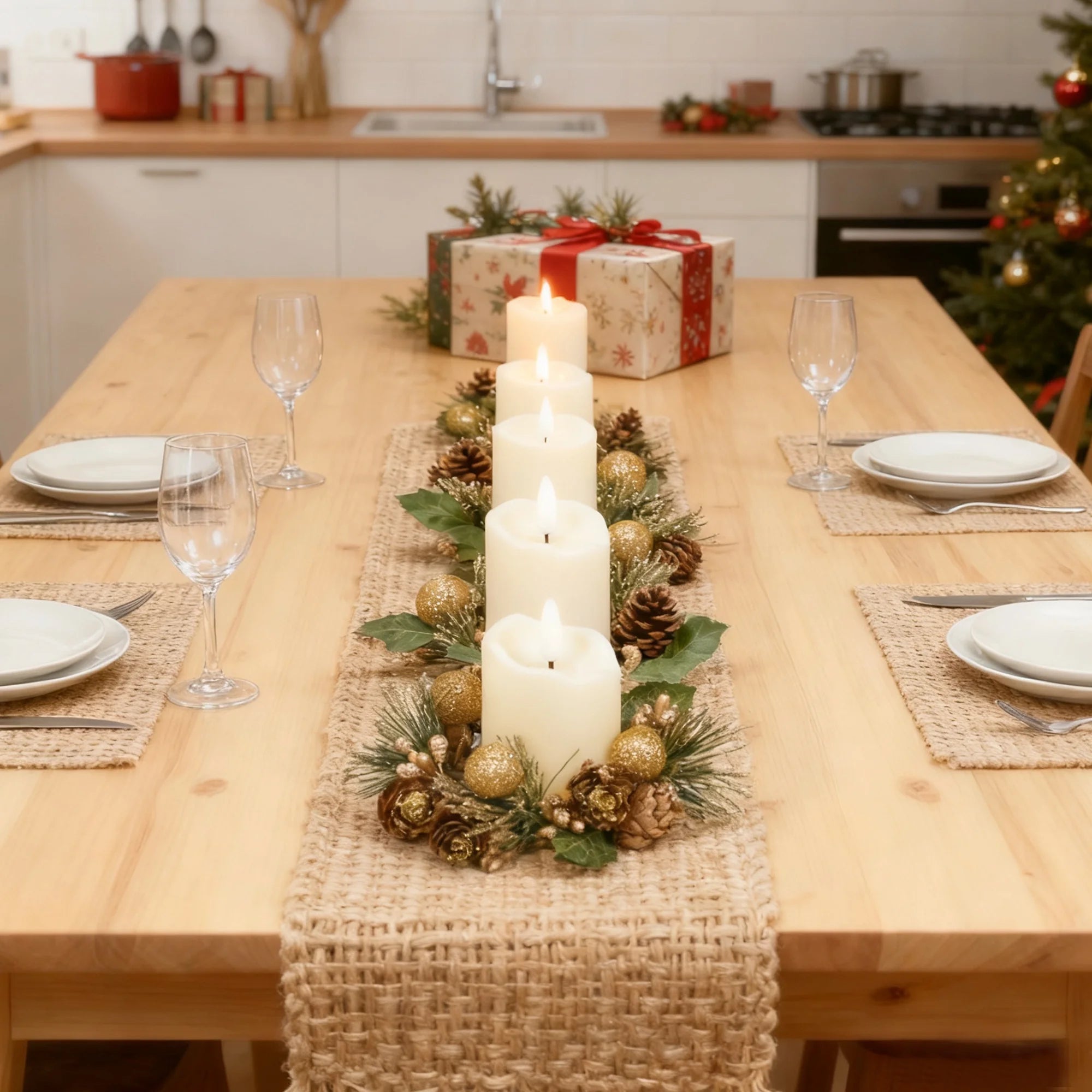 6-Pack LED Candles with Golden Berries & Pinecones Christmas Candle Rings for Table Front Door Cabinet Window in Glass Cup