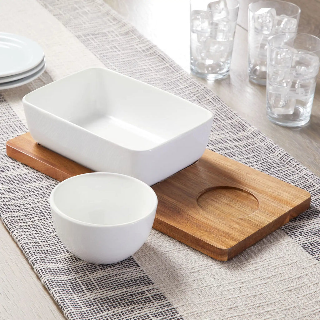 Natural Wood Color Ceramic Dip Bowl with Acacia Tray, 13.5x6.5x2.99 in, Elegant & Durable, Elevates Parties