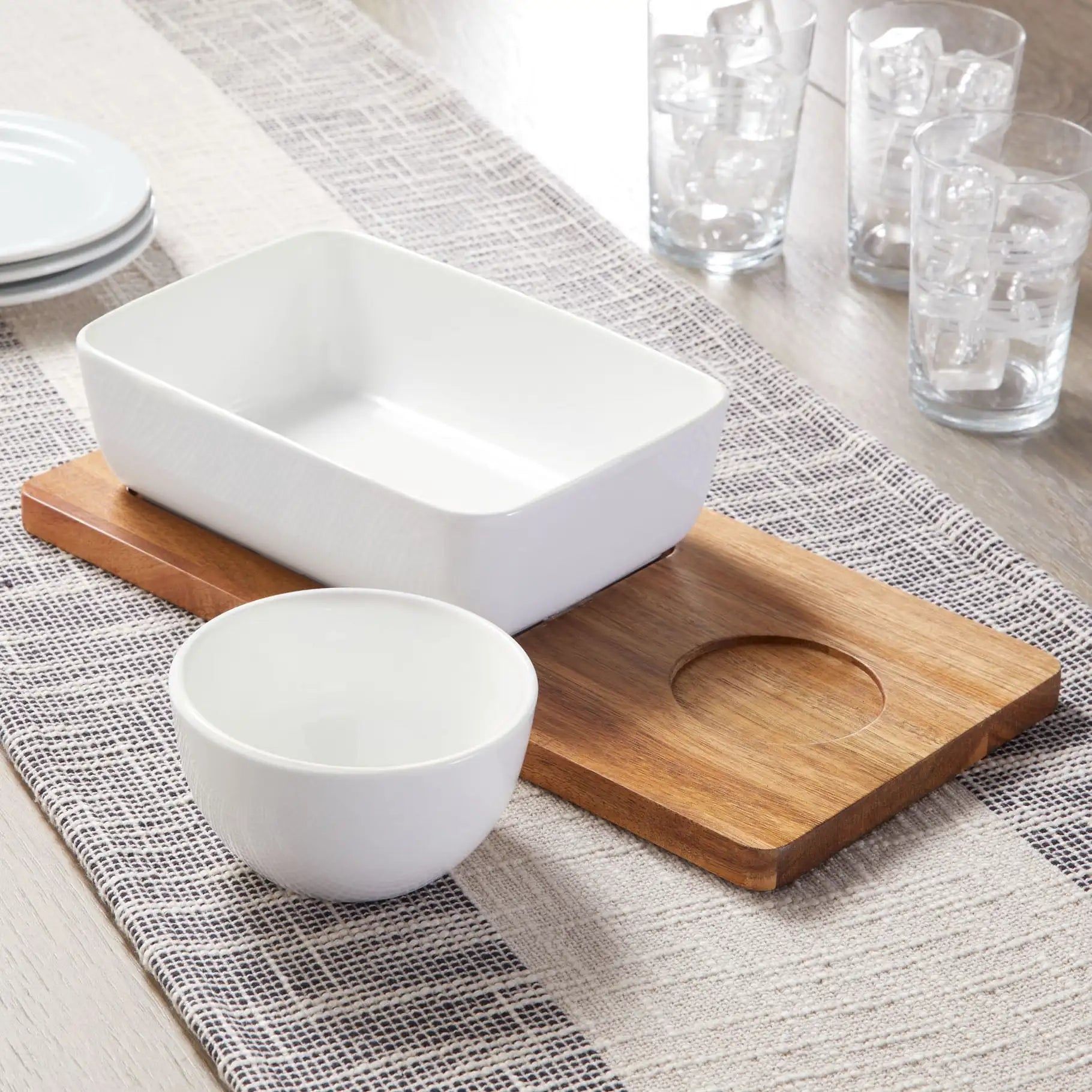 Natural Wood Color Ceramic Dip Bowl with Acacia Tray, 13.5x6.5x2.99 in, Elegant & Durable, Elevates Parties