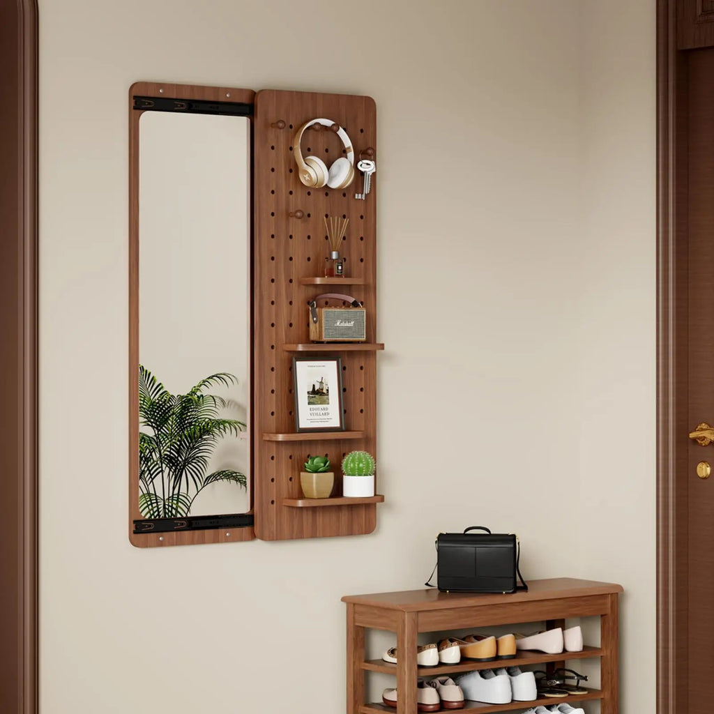 Wall Mounted Full Body Mirror with Storage Multifunctional Wooden Frame Mirror Panel for Living Room Bedroom