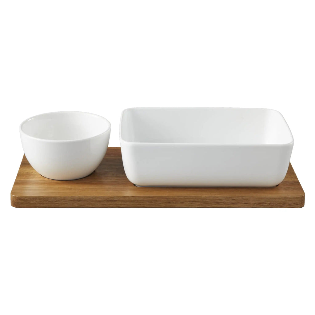 Ceramic Dip Bowl Set with Acacia Wood Tray - Chips & Veggie Platter for Entertaining