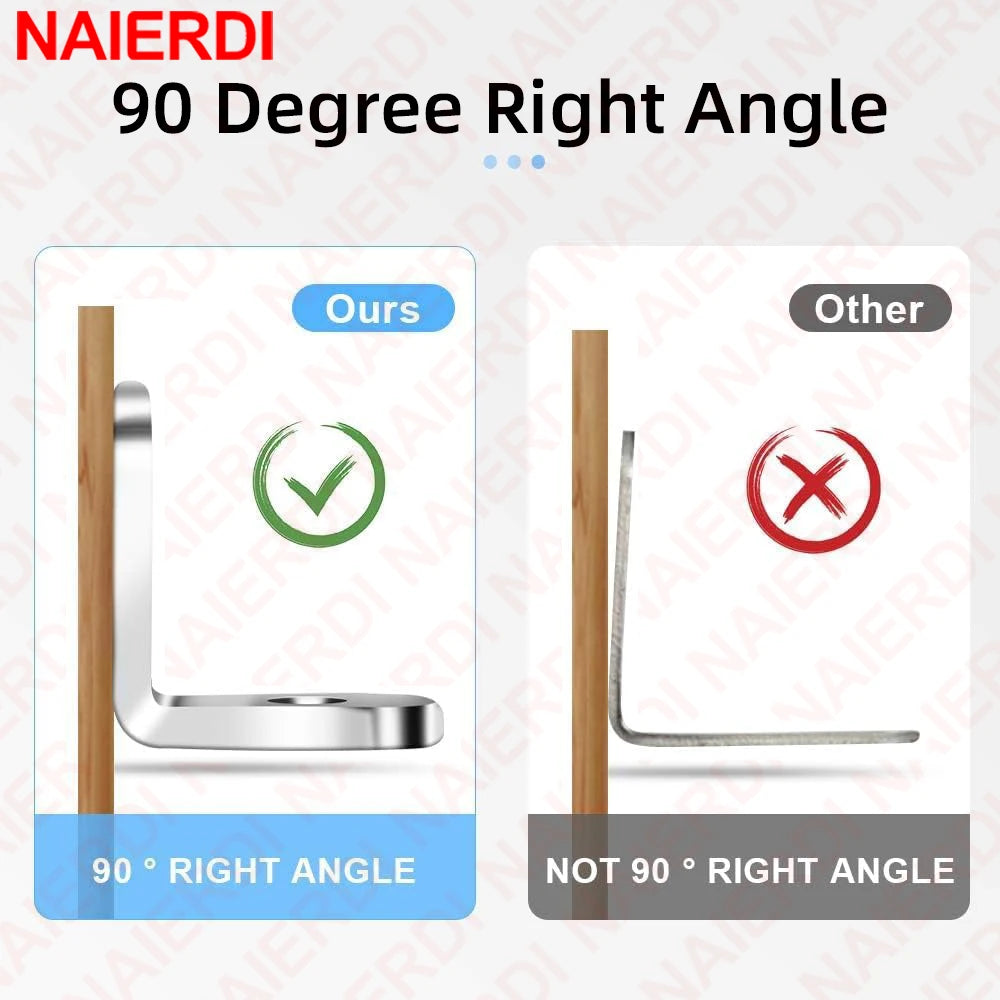 NAIERDI 10 Pack Corner Brace Stainless Steel 90 Degree Angle Corner Brackets L Bracket Firmware for Wooden Shelves,Chairs,Tables