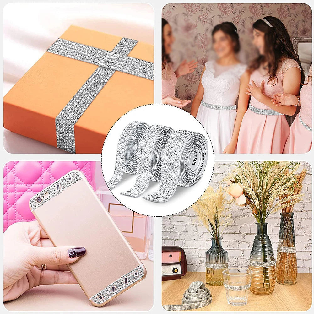 1 Roll Self Adhesive Glitter Crystal Rhinestone Sticker Diamond Ribbon DIY Sticker Rhinestones Arts Crafts Car Phone Decoration