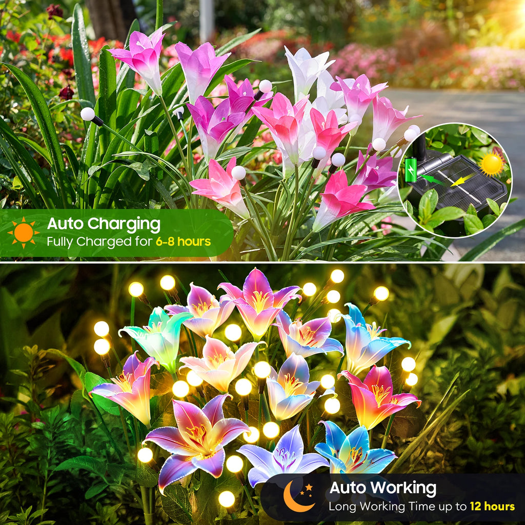 2/4 Pack Solar Lights: Realistic Lilies & Fireflies, 7 Colors for Patio/Garden/Events/Holidays, Outdoor Decor Gift