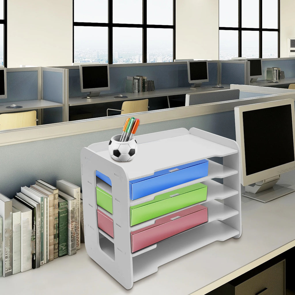 5 Tier PVC Wood-Plastic Desktop Organizer Letter Tray File Rack Stationery Holder Office Desk Storage Shelf with Round Corner