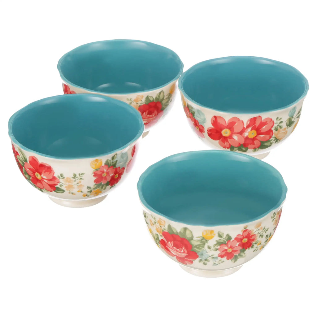 Vintage Floral Teal Footed Bowls, 4-Piece Stoneware Set | Microwave & Dishwasher Safe, Mix & Match Collection