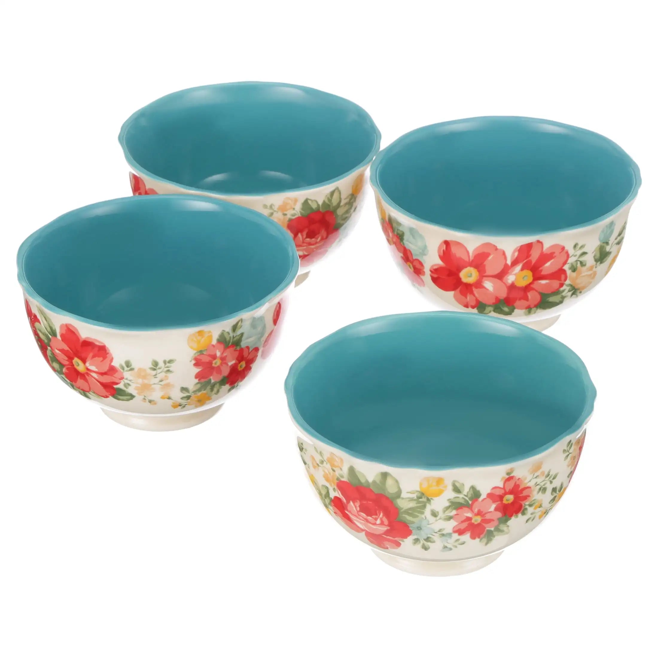 Vintage Floral Teal Footed Bowls, 4-Piece Stoneware Set | Microwave & Dishwasher Safe, Mix & Match Collection