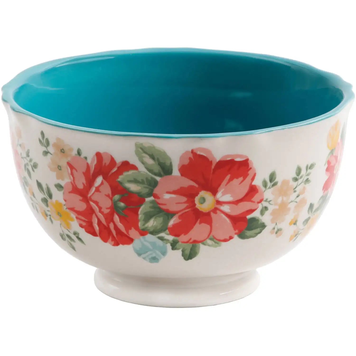 Vintage Floral Teal Footed Bowls, 4-Piece Stoneware Set | Microwave & Dishwasher Safe, Mix & Match Collection
