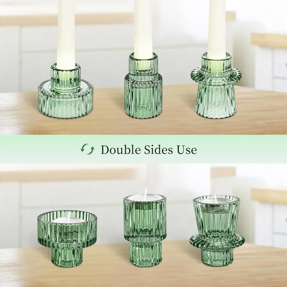 Glass Taper Candle Holder Short Small Boho Ribbed Votive Candlestick Holder for Table Centerpiece Wedding Decor and Dinner Party