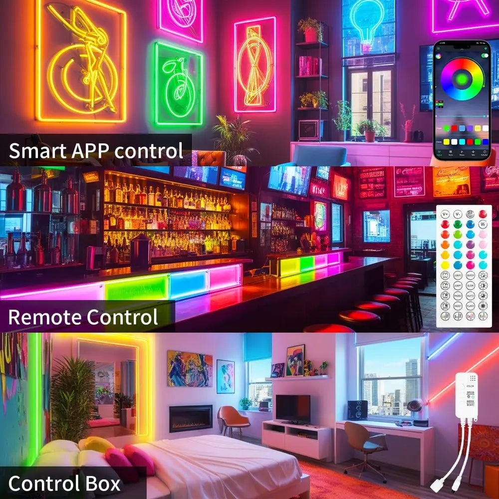 32.8T RGB Neon LED Strip Lights, 24V Waterproo Silicone Rope Light, Music Sync, Color Changing, App & Remote Control, or Bedroom