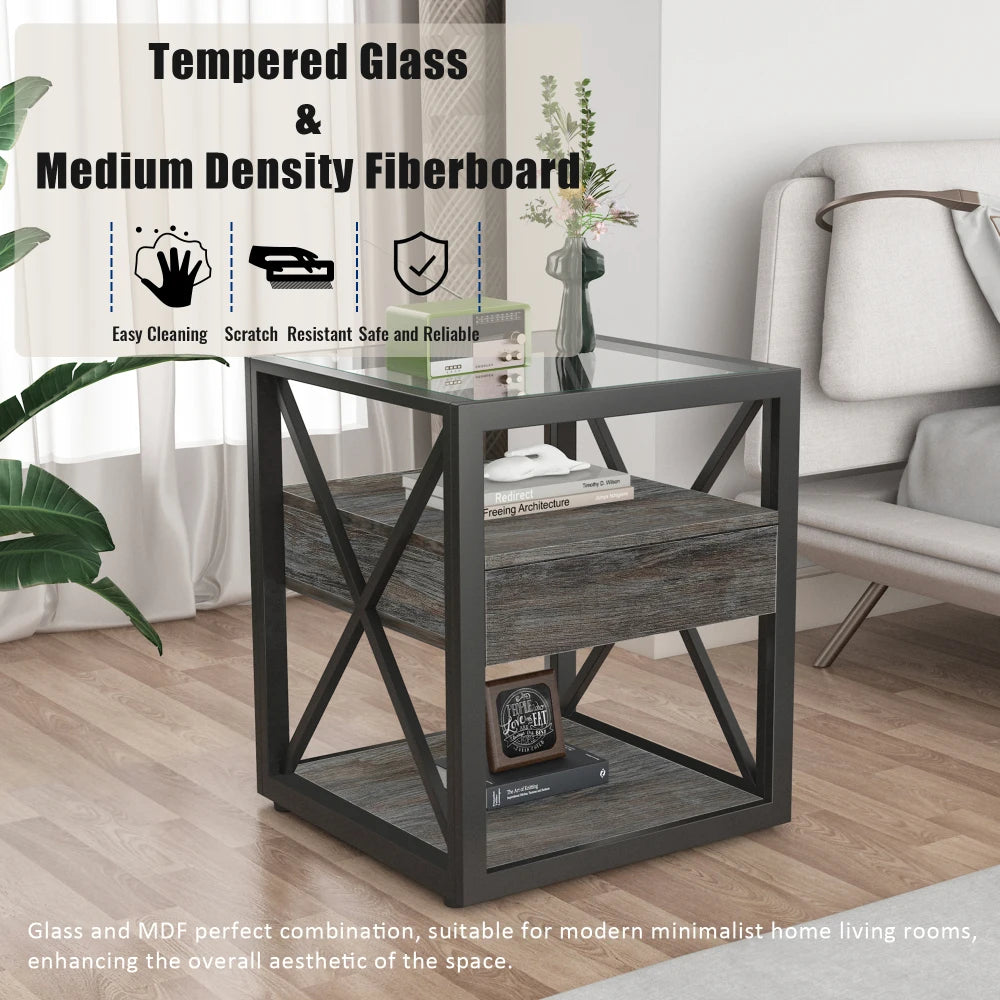 Modern coffee table for Bedroom & Living Room, Tempered Glass&Rustic Wood Grain MDF, Industrial Style coffee table