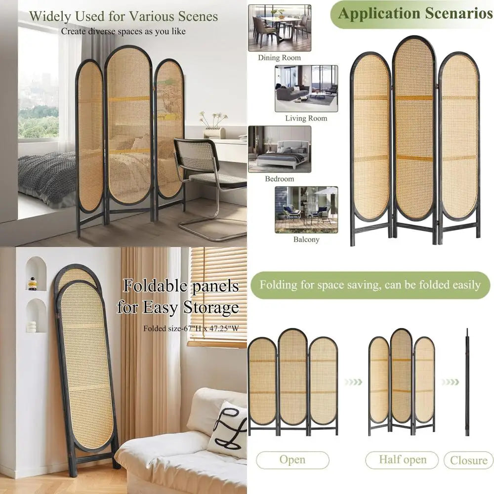 3-Panel Wooden Room Divider, Foldable Privacy Screen for Home, Suitable for Bedroom and Dining Area, Black