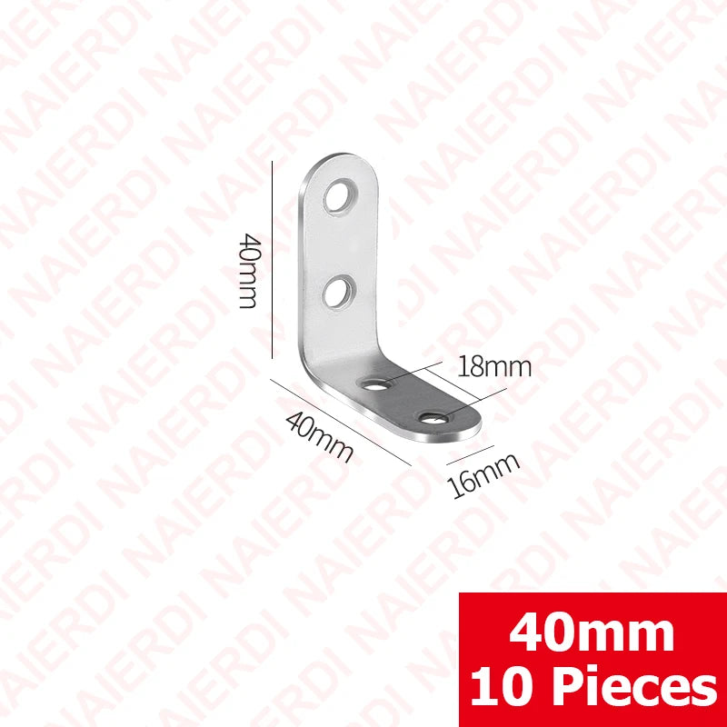 NAIERDI 10 Pack Corner Brace Stainless Steel 90 Degree Angle Corner Brackets L Bracket Firmware for Wooden Shelves,Chairs,Tables