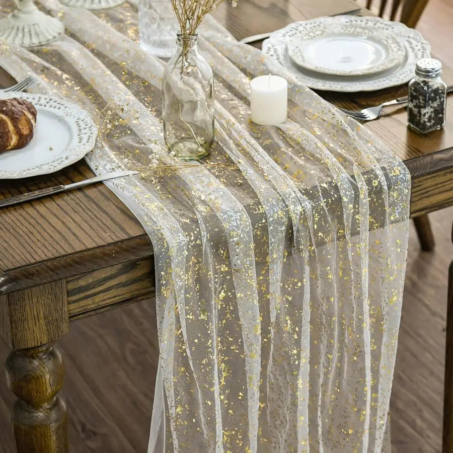Beige Gold Gauze Table Runner 120 Inch 10Pcs, Glitter Metallic Foil Sheer Dining Wedding Anniversary Holiday Birthday Table Deco