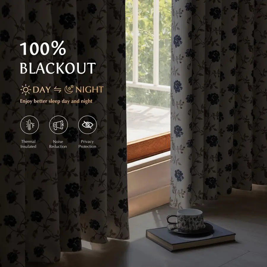 Blue Floral 100 Blackout Curtains 54 Inches Long 2 Panels for Bedroom Living Room Vintage Rose Flower Patterned Room Darkening T