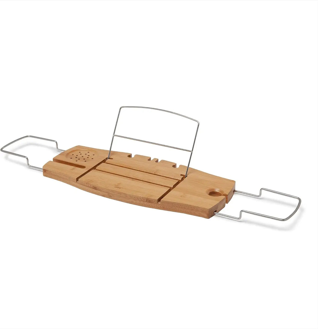 Extendable Bathtub Tray with Book Stand, Wine Glass Holder, and Phone Slot for Relaxing Baths