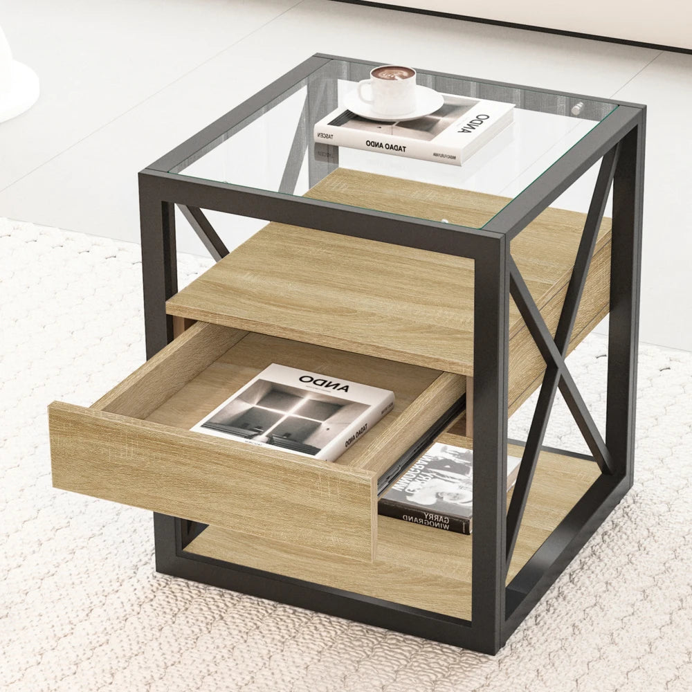 Modern coffee table for Bedroom & Living Room, Tempered Glass&Rustic Wood Grain MDF, Industrial Style coffee table