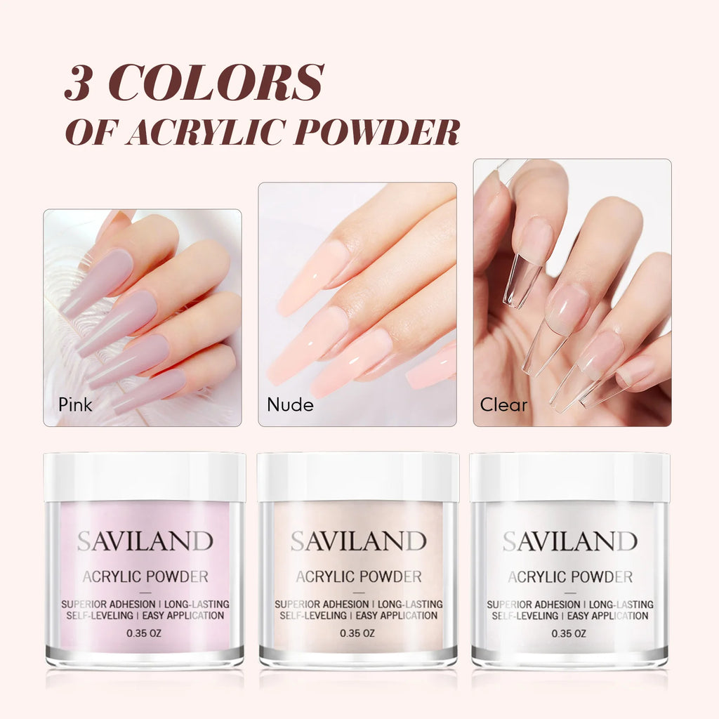 SAVILAND Clear Pink Nudes Acrylic Powder Kit with 30ml Acrylic Liquid Acrylic Nail Brush Nail Forms for Nail Art Salon Home DIY