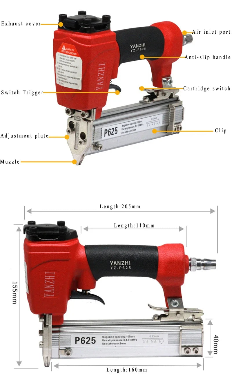 1Pc Pneumatic Staple Gun, 0.63mm Professional Heavy-Duty Finish Nailer Stapler for Wood, Upholstery, Carpet, Wire Fencing