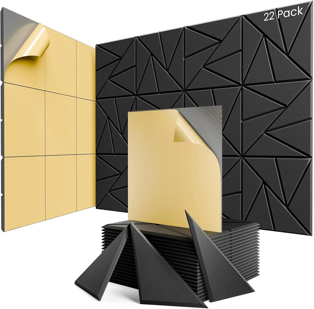 22-Pack Self-Adhesive Acoustic Panels, 12x12x0.4 Inch High-Density Soundproof Foam for Home Studio Office - Black