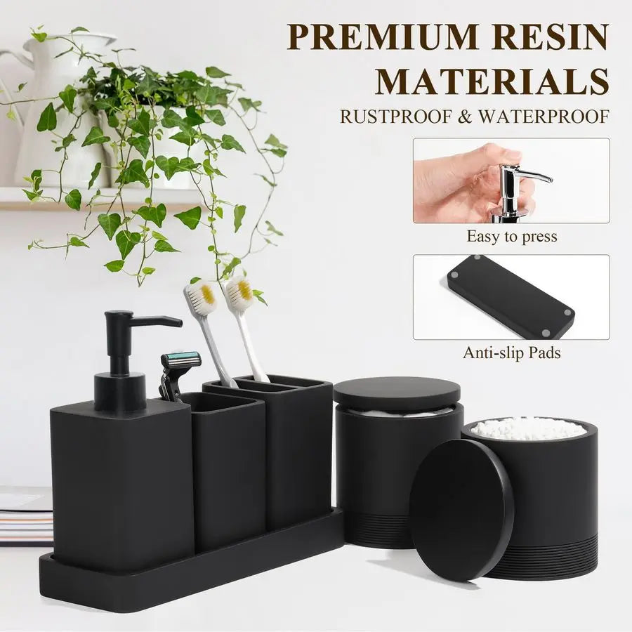 Accessories Set, 6 Piece Bathroom Set with Toothbrush Holders, Soap Dispenser, Vanity Tray, Tumbler, Cotton Swab Jars, Bathroom
