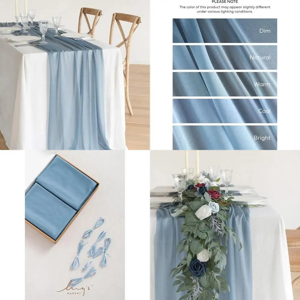 Dusty Blue Sheer Chiffon Table Runners with Silver Sparkle, Set of 6, for Rustic Boho Wedding Shower Party