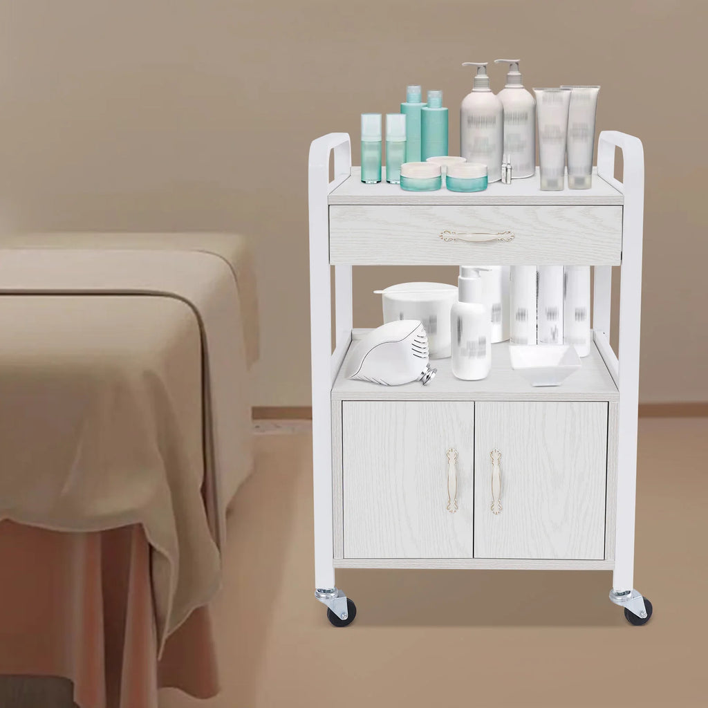 Salon High-density Wood Panels Storage Cart,White Rectangle Free Standing Movable Beauty Organizer 51*33*83cm for Beauty Salons