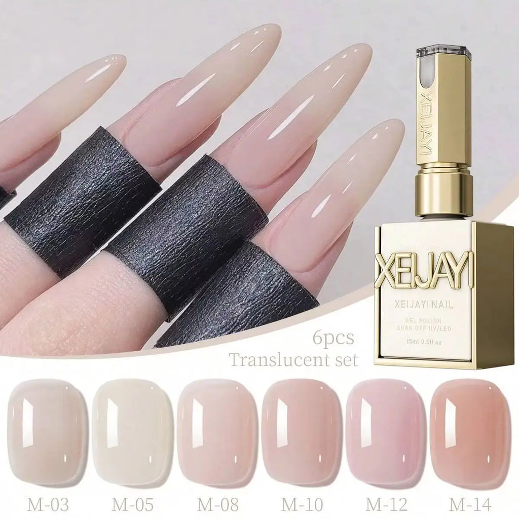 XEIJAYI 6pcs Nude Sheer Gel Nail Polish Translucent Colors for Natural Ombre Nails. Soak Off UV LED Gel, Long Lasting High Gloss