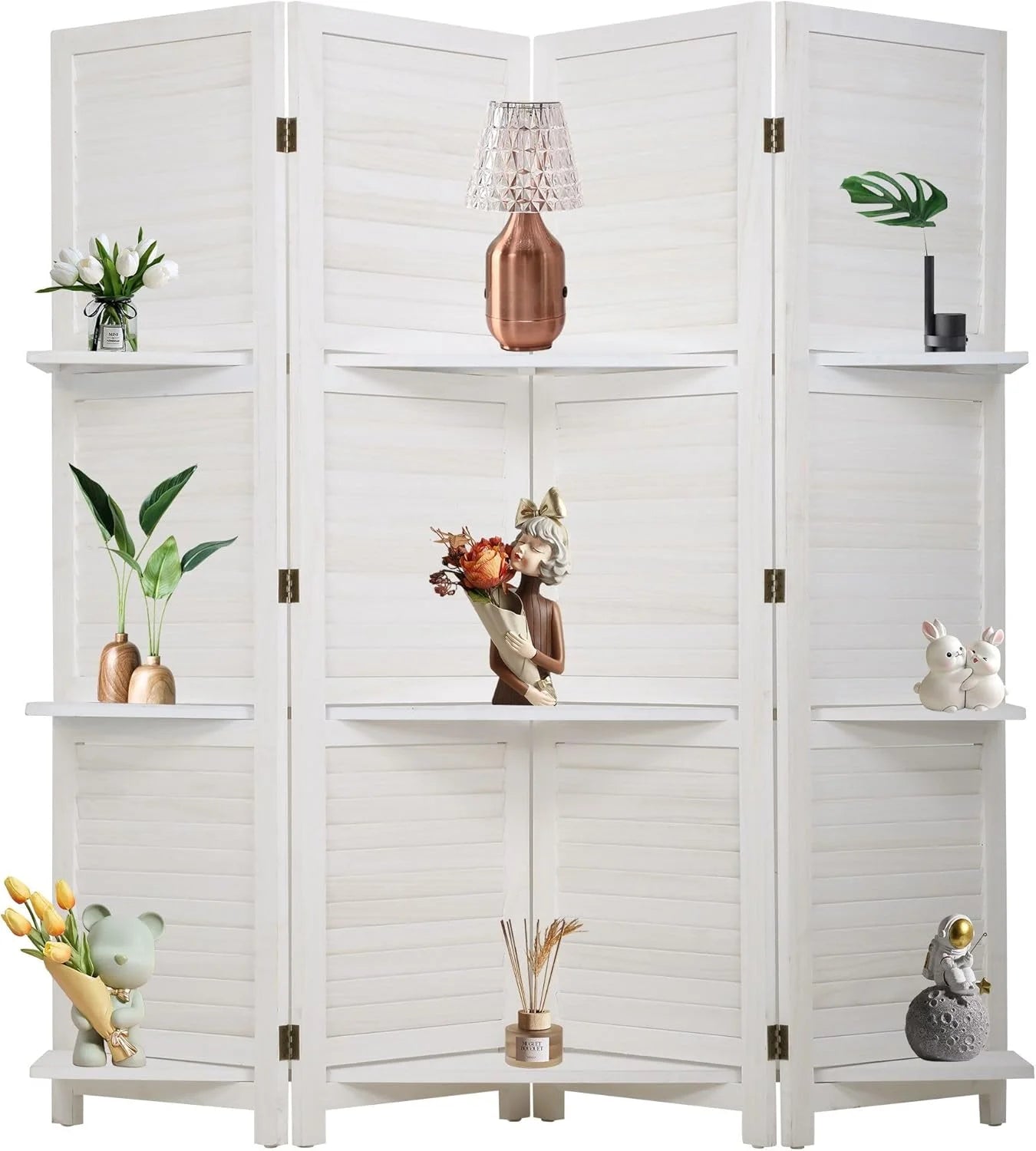 Room Divider 4 Panel Folding Wood 5.6 Ft Tall Privacy Screen Dividers Wall with Three Shelves Portable Partition (White)