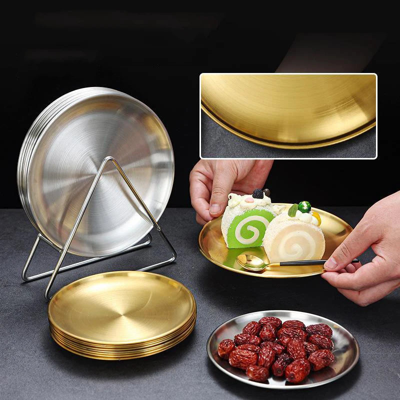 Kitchen Utensils With Shelves Gold Silver Stainless Steel Circular Plates Trays Shallow Bottom Rust Proof Plates Picnic Plate