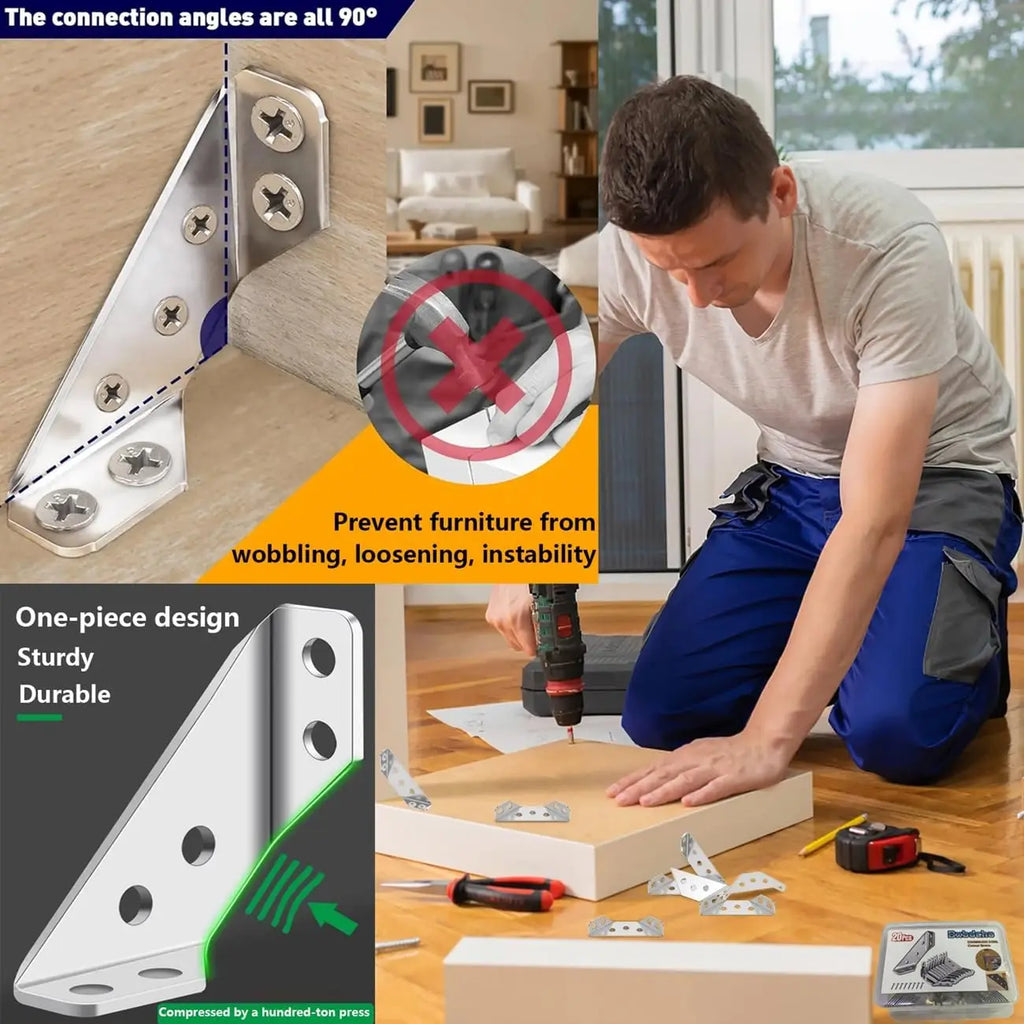 20PCS Stainless Steel L Brackets for Wood Furniture, Shelves, Tables, Cabinets - Universal Corner Connectors