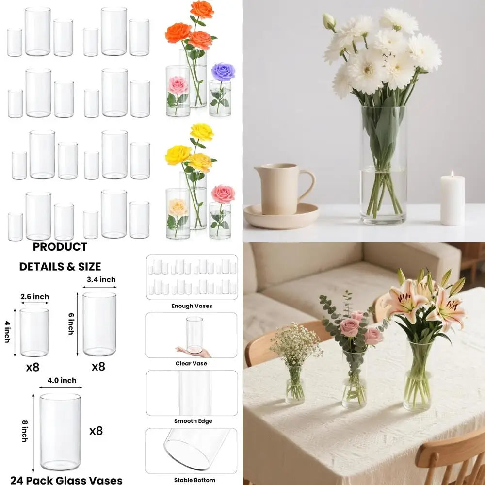 Clear Glass Cylinder Vases Set of 24, 4-8 Inch Tall for Centerpieces, Floating Candle Holders, Hurricane Glass Vases