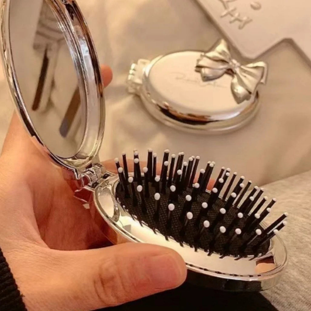 Premium Foldable Mirror & Hairbrush 2-in-1, Cushion Comb with Massage for Women, Portable Compact Design