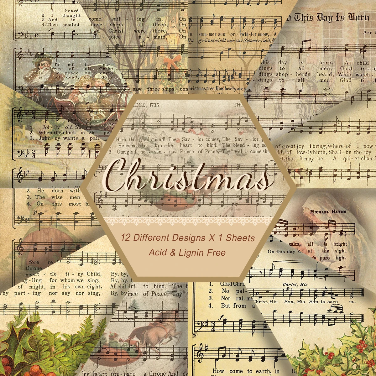 12pcs Vintage Christmas Sheet Music Decorative Papercardstock For Scrapbooking,Card Making&Holiday Crafts,Christmas Party Decor