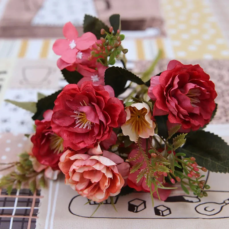 5 Forks 8 Heads Artificial Flowers Small Peony Bouquet Wedding Decorative Plants Wreaths Vases for Home Decoration Accessories