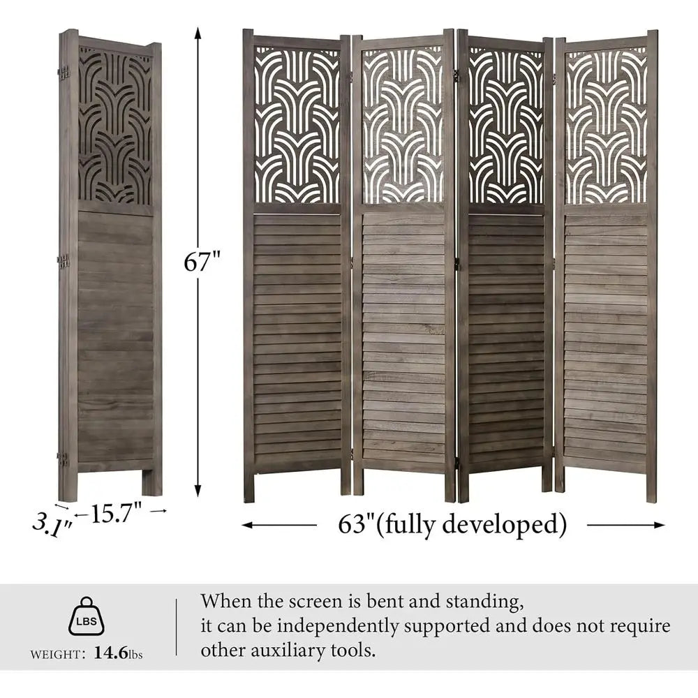 4-Panel Wooden Carved Privacy Screen, 66.9 Tall, Portable Room Divider, Suitable for Home, Office, Restaurant, Bedroom (Gray)