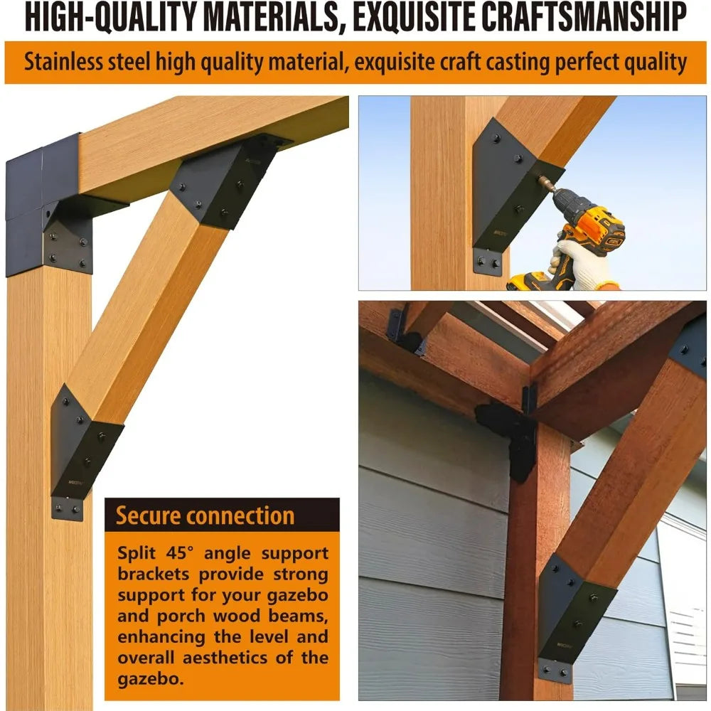 Four-Piece 45-Degree Angle Brackets for 4x6 Pergolas, Gazebos, Deck Porches, and Cabin Elevated Wood Support